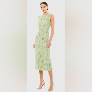 Mac Duggal Green Abstract Beaded Sleeveless Midi Sheath Dress 70264 Woman Size 8